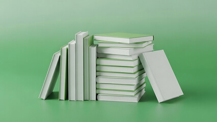 Stack of white books with green edges on green background