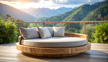 Obraz premium Luxury round outdoor daybed with pillows on a wooden deck overlooking mountains