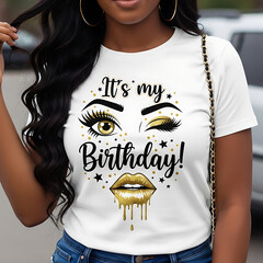 Woman celebrating birthday wearing stylish golden birthday t shirt