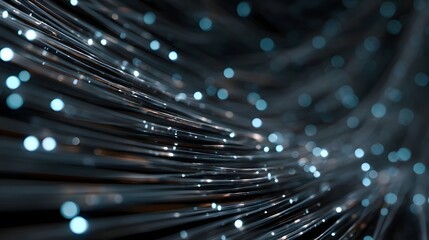 Abstract digital network of glowing fiber optic strands with blue bokeh lights symbolizing data flow