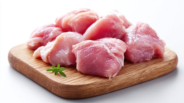 Fresh raw chicken meat cut into pieces on a wooden cutting board