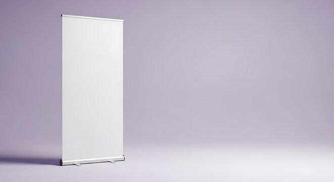 Blank white pullup banner display stand mockup on a light purple studio background, perfect for advertising, promotion, or event branding