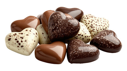 Pile of gourmet assorted dark and milk chocolate heart shaped candies on transparent background