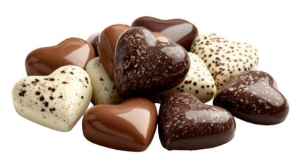 Pile of gourmet assorted dark and milk chocolate heart shaped candies on transparent background