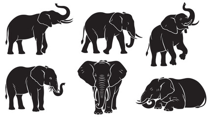 Collection of diverse elephant silhouettes showcasing various poses and movements