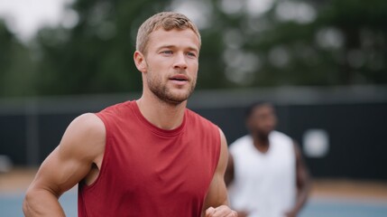 Young man standing on a tennis court. he is wearing a red sleeveless tank top and appears to be in the middle of a workout.