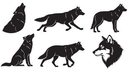 Black wolf silhouettes in various poses showcasing their wild nature and iconic howls