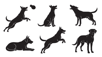 A versatile set of black dog silhouettes in different natural and active positions