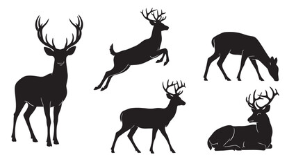 Majestic deer silhouettes set in various natural poses against a clean white background