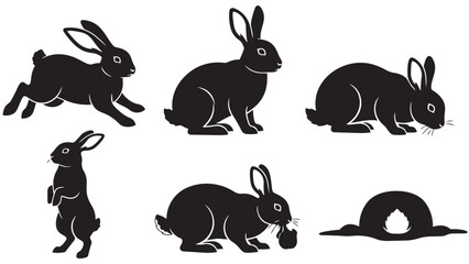 Collection of playful rabbit silhouettes showcasing various movements and actions