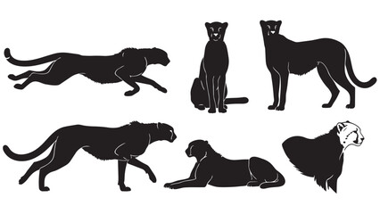 Dynamic cheetah silhouettes capturing various poses and movements in black and white