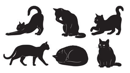 Collection of six elegant black cat silhouettes demonstrating various natural poses
