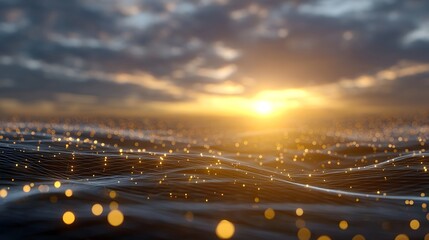 A serene digital ocean landscape at sunrise illuminated by golden light and shimmering particles