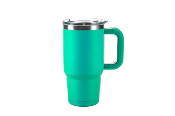 teal tumbler with handle on white background.