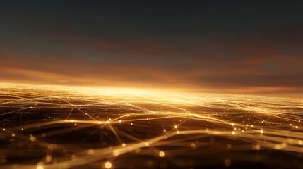 Glowing digital network lines and nodes spread across a landscape at golden hour under a warm sky