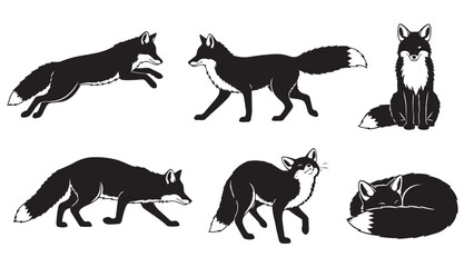 Collection of various fox silhouettes depicting different poses and actions of the wild animal