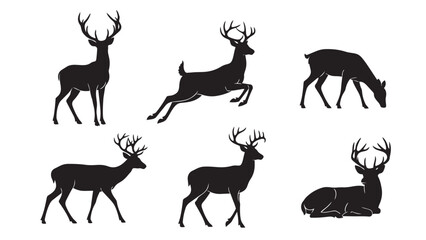 Beautiful collection of deer silhouettes with impressive antlers in different actions