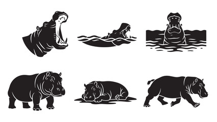 Collection of diverse hippopotamus silhouettes in various poses and activities