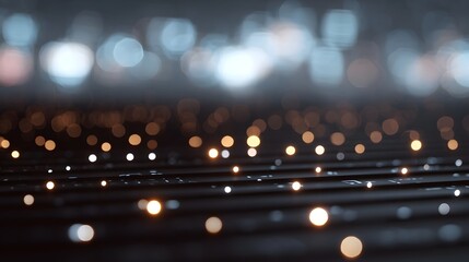 Abstract digital network with glowing lights and bokeh effect on a dark textured surface