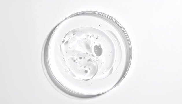 Clear gel in dish. Minimalist. Top view. Delicate