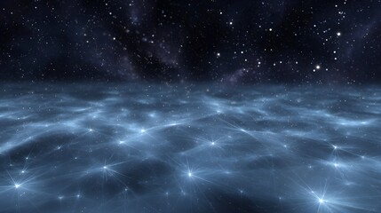 An ethereal digital network glowing with intricate light patterns and interconnected nodes stretches across a vast dark starry cosmic night sky