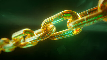 A digital blockchain concept with glowing golden chain links and embedded binary code, symbolizing secure data blocks in a decentralized ledger system.