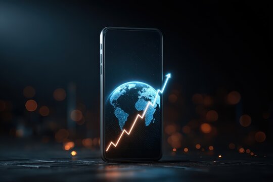 Innovative global technology growth represented with a smartphone displaying an upward trend and a digital globe in a contemporary environment - Powered by Adobe