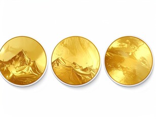 Golden mountain abstract trio in circles, textured shiny