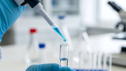 Scientist adding blue liquid to test tube in laboratory setting