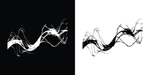 Monochrome illustration of abstract wave patterns in black and white, presented in both black on white and white on black versions, isolated on white background