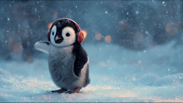 Chick penguin bravely waddles through glittering snow under blue twilight, as delicate flakes float