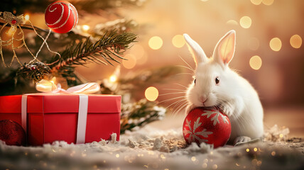 Cute rabbit playing with a red Christmas ball under a decorated Christmas tree