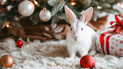 white rabbit playing with a red Christmas ball under a decorated Christmas tree