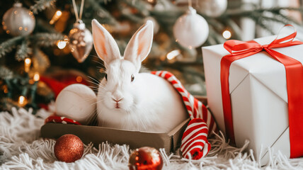 The white rabbit is depicted peeking out of a gift box under a Christmas tree.