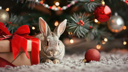 The rabbit is depicted sitting next to a gift box and Christmas balls against the background of a Christmas tree.