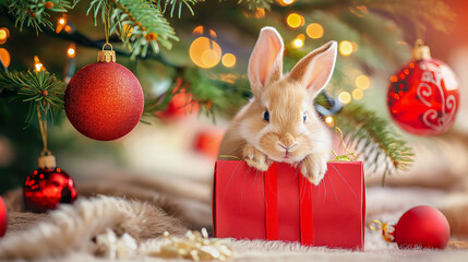 The rabbit is depicted peeking out of a gift box under a Christmas tree.
