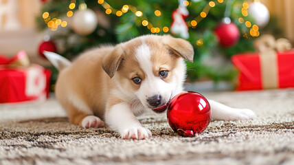 Puppy trying to bite bright Christmas ball on the mat