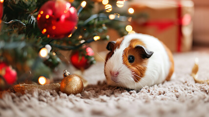 A guinea pig is depicted next to a Christmas tree toy under a Christmas tree