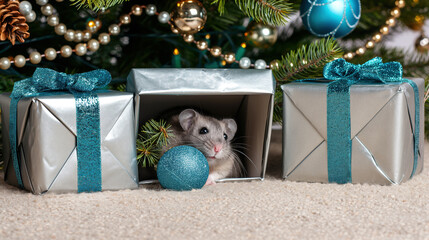 A hamster is depicted next to a gift box and Christmas balls against a decorated Christmas tree