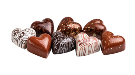 Pile of variety heart shaped chocolate candies isolated on transparent background closeup