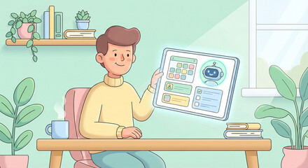 Young man holding tablet with AI chatbot application in cozy home office.