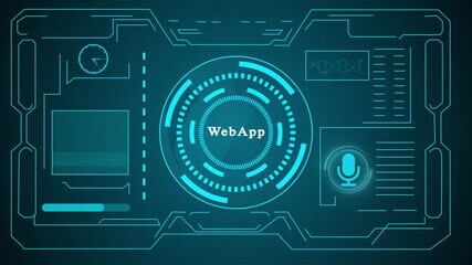 Futuristic HUD user interface with circular data elements and digital icons on dark background for sci-fi design. Technology icons, data visualization charts and dashboard elements heads-up display . - Powered by Adobe