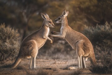 Fototapeta premium Playful kangaroos engage in friendly boxing match in the Australian outback during golden hour