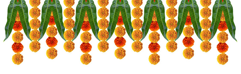 Marigold hanging flowers with green mango leafs festive design element top border