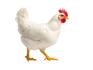 Fototapeta premium Vibrant White Hen with Bright Red Comb and Yellow Legs, standing in profile. A clean studio shot of a healthy farm chicken, isolated on transparent background.