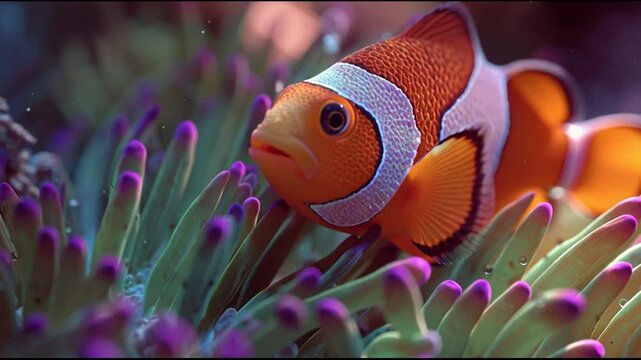A bright orange clownfish perched among the flowing tentacles of a sea anemone. The fish features three distinct white stripes with black outlines, glossy scales, and expressive eyes.