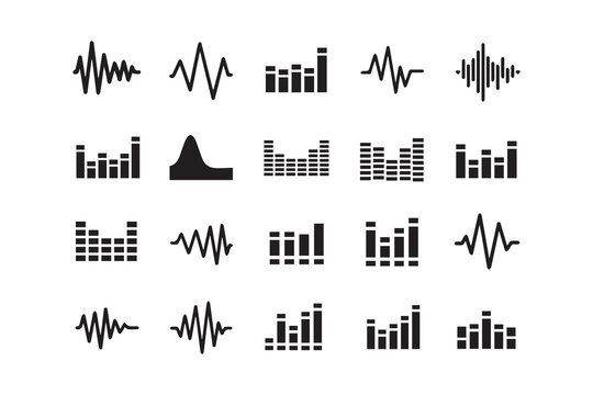 Vector illustration of a music equalizer and set of sound icons featuring pixel art design symbols and business bar chart elements in a colorful creative style