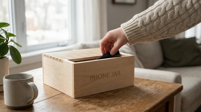 Wooden phone box on table with hand placing smartphone inside for perfect focus and security