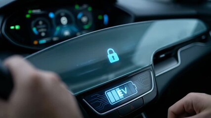 Electric vehicle dashboard digital lock interface showing battery level and EV status display - Powered by Adobe