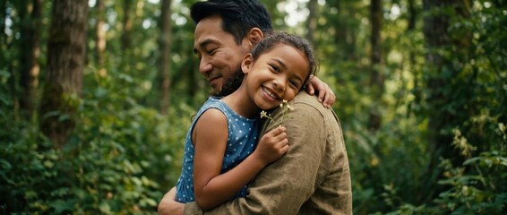 Joyful father and daughter sharing a loving embrace in a serene forest setting, celebrating nature and family bonds